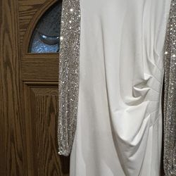 Adrianna Papell: White Dress With Silver Sleeves