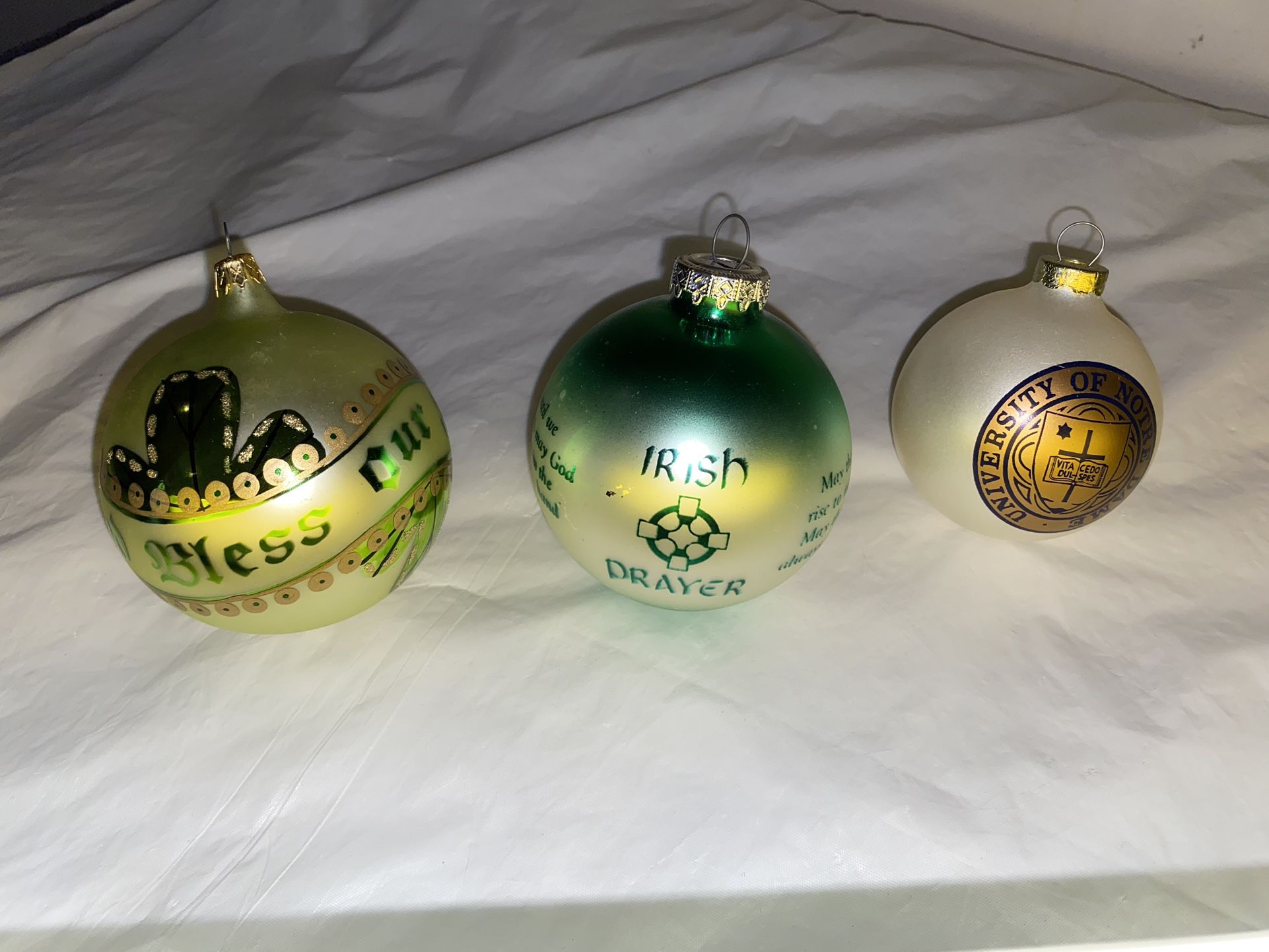 4 Notre Dame Fighting Irish glass Christmas Ornaments Shamrock Prayer 