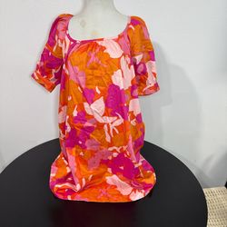 Free Assembly Pink Orange Floral Puff Sleeve Mini Dress NWT