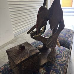 Hand Carved Wood Trinket Box African Elephant Man Tribal Art Safari Jungle Decor