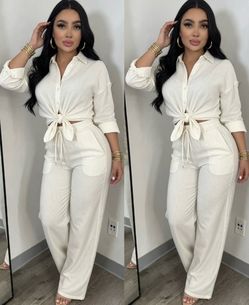 (Small)White Linen Two-Piece Shirt and Pants Set