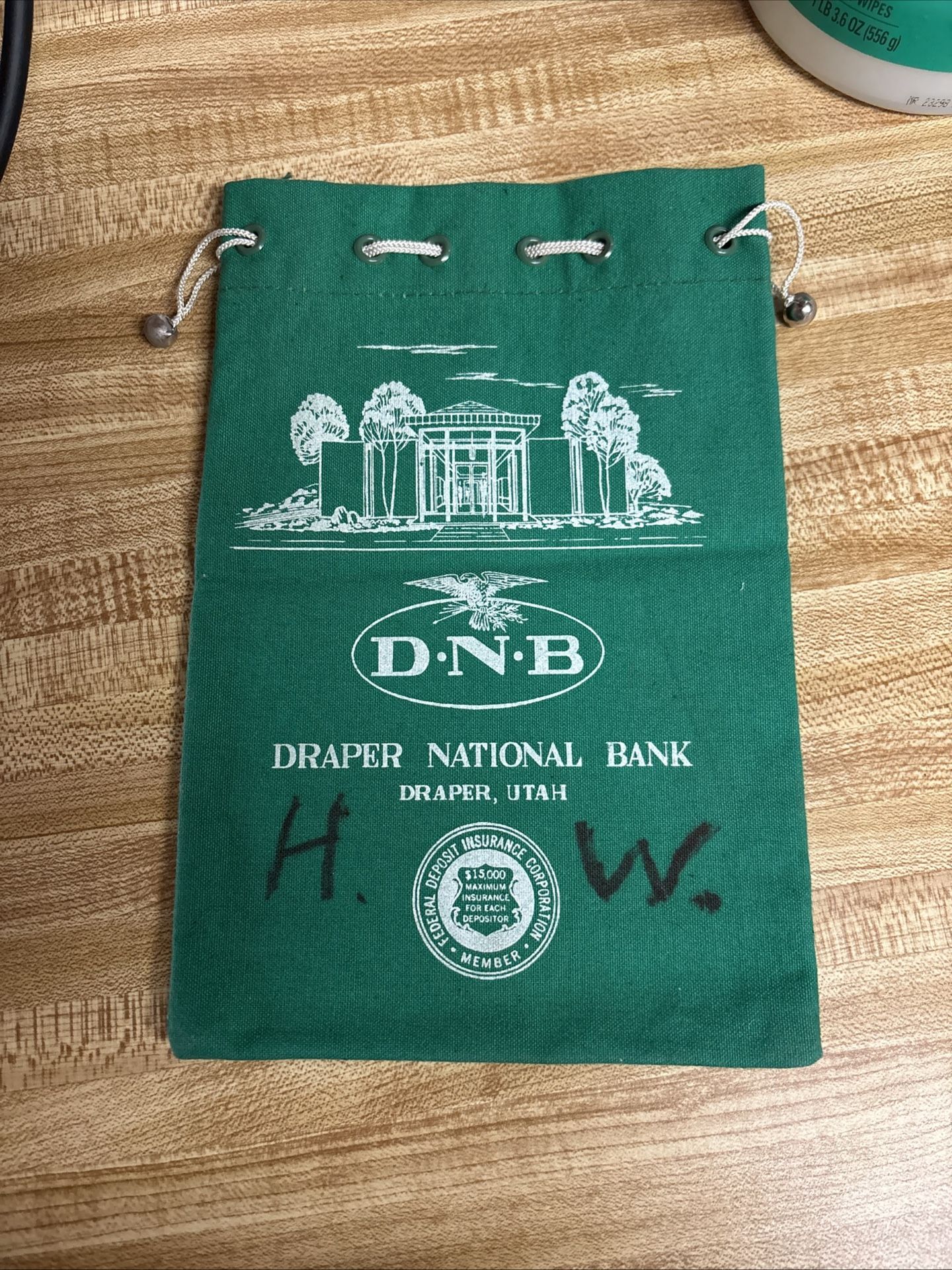 Vintage green fabric bank deposit bag 6x9 Draper National Bank Draper, Utah 1960’s