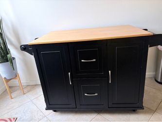 Black Rolling Kitchen Island with Wood Top