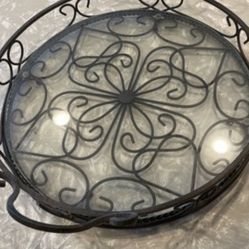 Vintage Round Tray Iron And Glass 