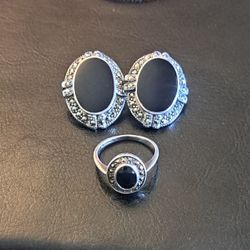 Sterling Silver And Onyx Diamond Earrings And Ring Set Victorian Era Size 6