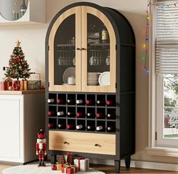 Arched Wine Bar Cabinet with 2 Glass Doors, Liquor Cabinet Wine Cabinet with Stemware Holders and Modular Wine Rack Storage