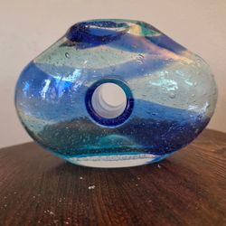Cobalt Blue Ombré Swirl Donut Style Hand Blown Vase 5" Tall