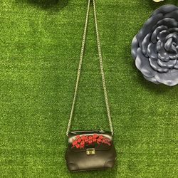 Express Faux Leather Black Silver Chain Crossbody Purse With Red Flowers
