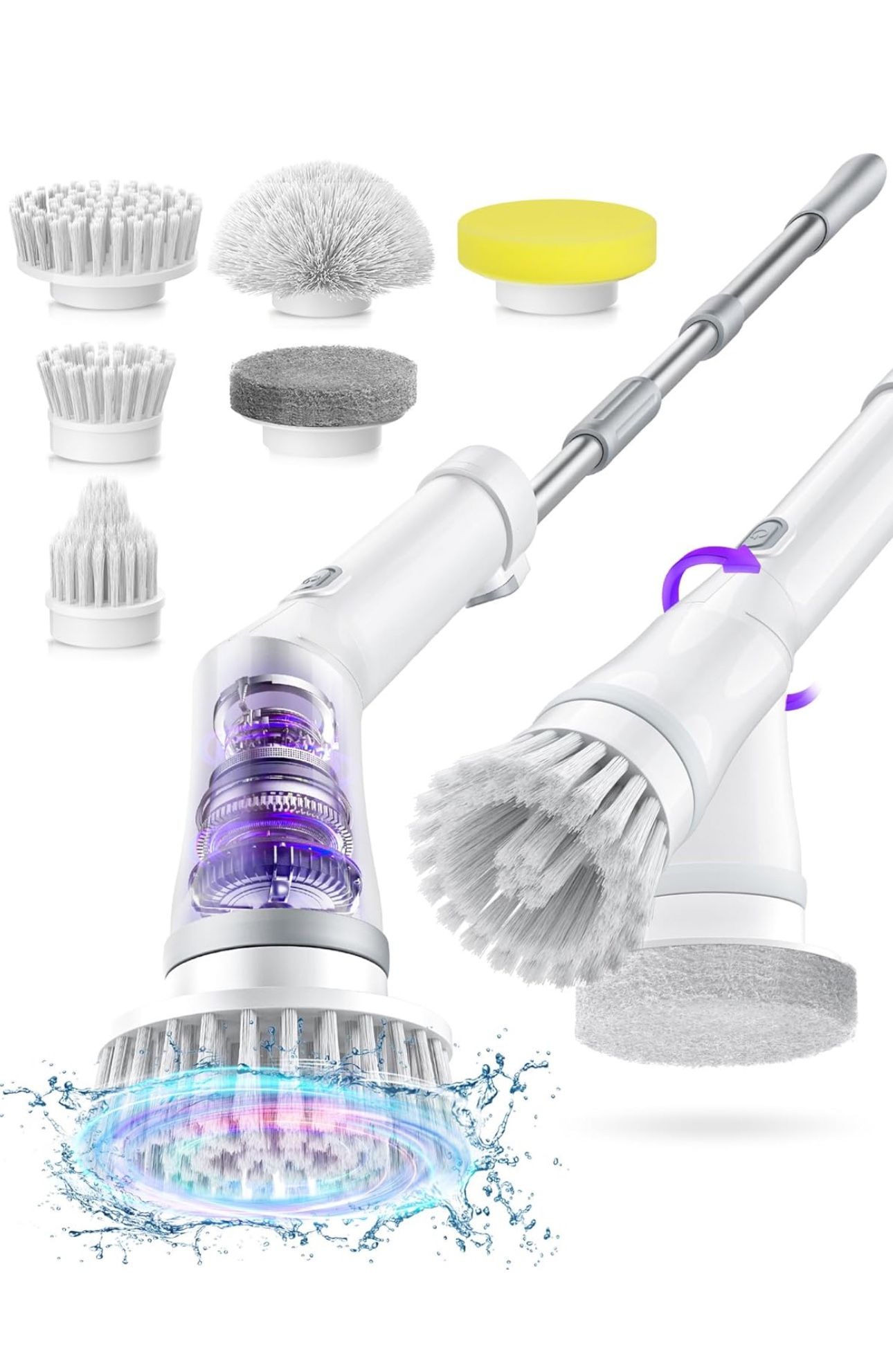 NEW IN THE BOX Electric Spin Scrubber with 6 Brush Heads - 2H Dual Speed, IPX7 Waterproof Extension Handle (White)
