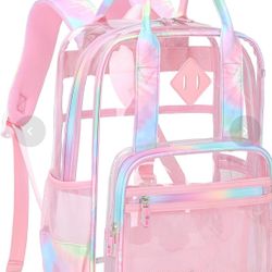 MOONBABY Clear Backpack Stadium Approved Kids Clear Bookbag Heavy Duty PVC Transparent Backpack Girls See Through Back Pack For Women Work, Pink