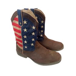 Roper MENS COWBOY BOOT FAUX BROWN LEATHER AMERICAN FLAG UPPER 9.5