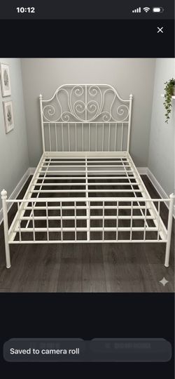 White Metal Bed Frame with Scrollwork Headboard full size