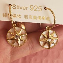 Mother Of Pearl With Gold Star And Stone...s925 Posts Half Hoops