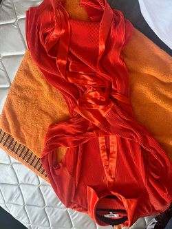 Red Pleated Satin Wrap Dress with Belt