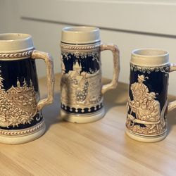 Set of 3 Vintage German Beer Steins - Cobalt Blue Relief - Bar Decor