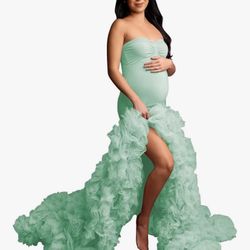 Stretchy Tight Maternity Dresses Pregnancy Gown for Photoshoot Strapless Ruffles Robe for Women Pregnant
