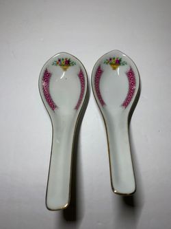 Asian soup spoons White porcelain White with White pink floral design 2 Spoons