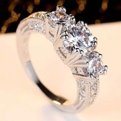 Clear 3 Stones Zircon Women Ring White Gold Filled Wedding Party Engagement Rings