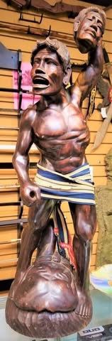 Vintage Wood Carved Head Hunter Statue