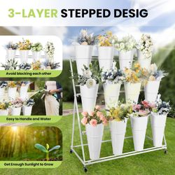 Flower Display Stand with Buckets, 3 Layers 12PCS Buckets Metal Flower Cart Display Stand with Wheels, for Patio Garden, Living Room (3 Lay