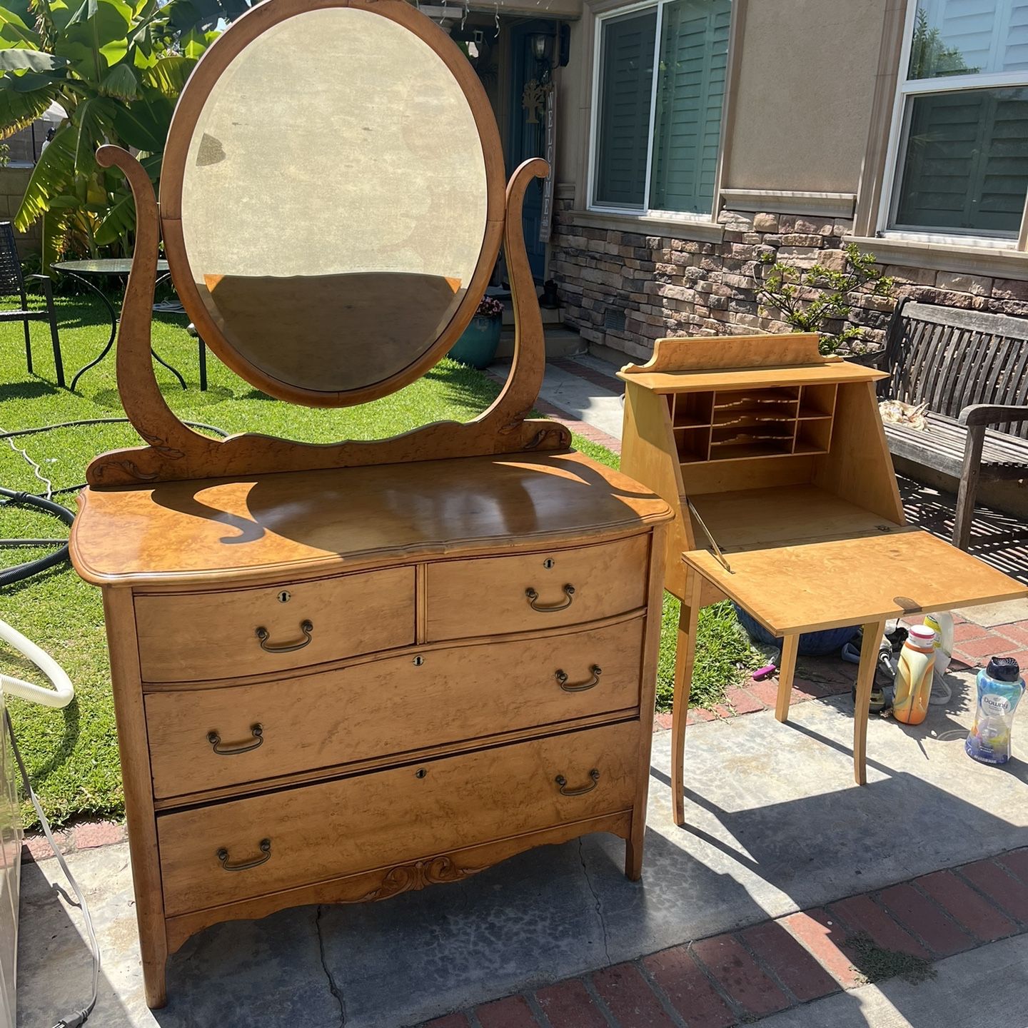 antique dresser for sale Vintage Walnut Dresser Set with Sculpted Pulls - Midcentury Bedroom Sets  For Sale