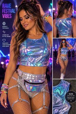 NEW Allegra K Holographic Metallic Rave Crop Top – Medium