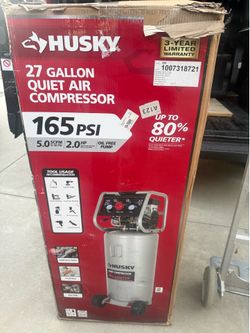 Husky. 27 Gal.165 PSI Vertical Electric Oil-Free Quiet Auto/Workshop Air Compressor with Dual Gauges and 2-Quick Couplers