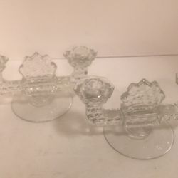 Two beautiful vintage Fostoeia Americana Crystal glass Cubist-dual candle stick holders Cubist clear 8 1/2” x 4 1/2” in excellent condition.