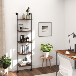 Industrial 5-Tier Ladder Shelf Black Metal Rustic Wood — Set of 2 | Faux Plants Included
