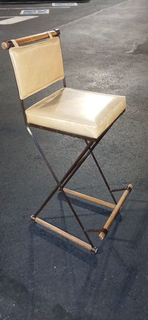 Cleo BALDON Mid Century Modern X Base Bar Stool Metal Frame Oak 1960s 1970s Midcentury