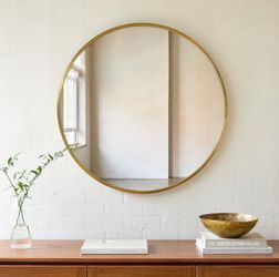 WEST ELM Metal Frame Round Wall Mirror Social Share Icon $499 Antique Brass  Framed 48" Mirror: 48"diam. x 1.5"d; 53 lbs. Like new! Some minor imperfe