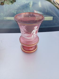 Vintage Handpainted Mary Gregory Cranberry Art Glass Gold Trim Boy Vase 6"