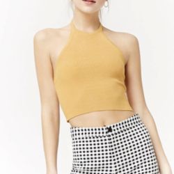 FOREVER 21 Womens Mustard Yellow High Halter Neck Cropped Sleeveless Tank Top