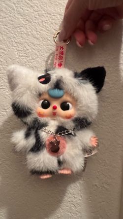 Baby three lolita blind box collectible plush figurine keychain with cow print outfit