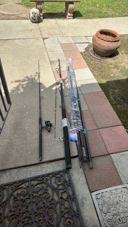 Three sets of fishing rods poles two sets are unused. They are oceaner products, USA and Shimano FX 200 graphite.