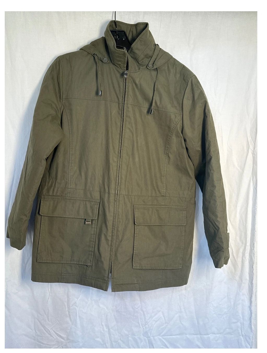 London Fog Hooded Rain Jacket Olive Green Full Zip Utility Coat M