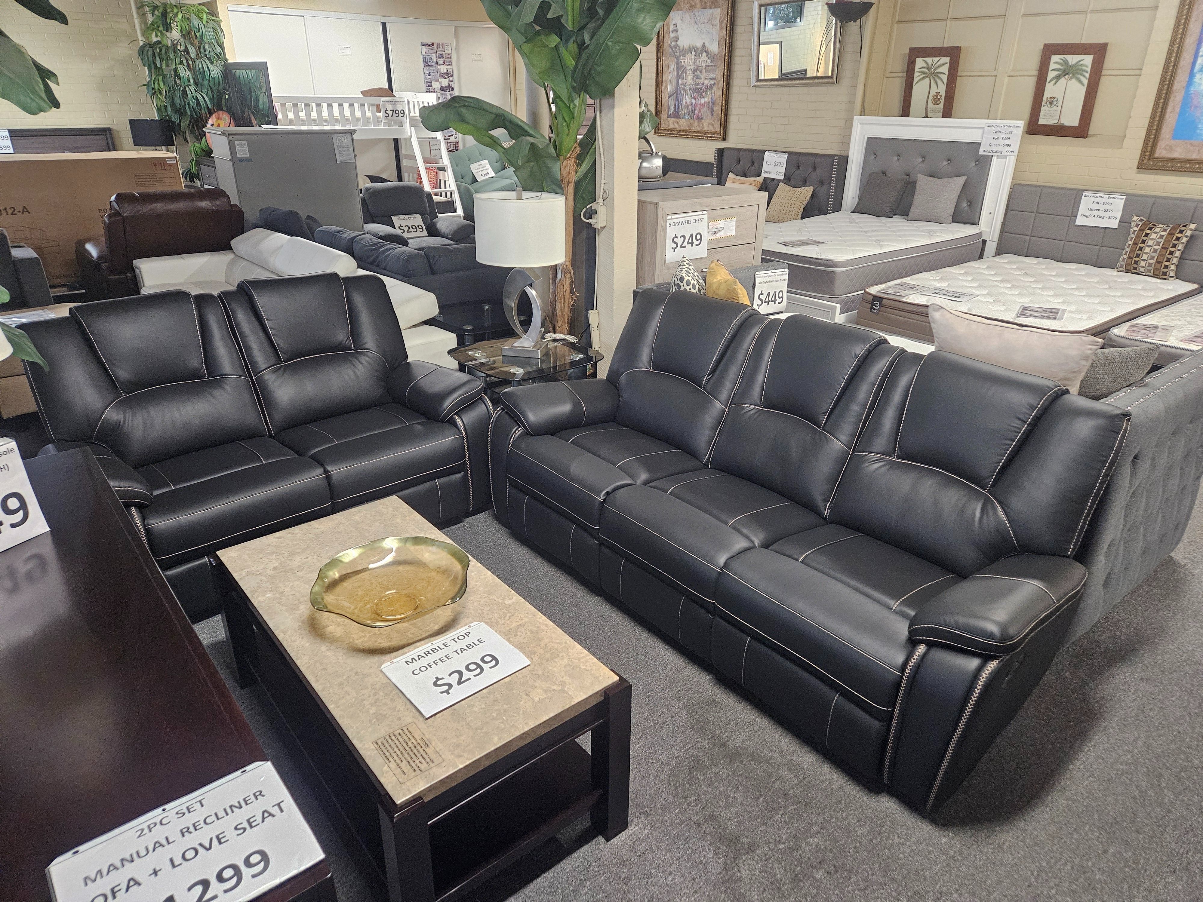 Brand black synthetic leather power reclining sofa + loveseat 2PCs set