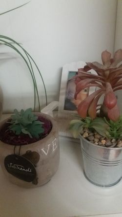 TWO SMALL COUNTER ARTIFICAL PLANTS.