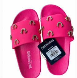 True Religion Hot Pink Slide Sandals with Gold Horsehoe Studs
