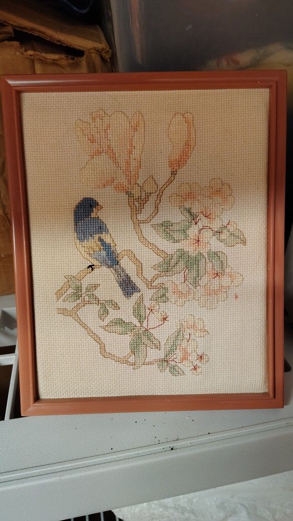 Vintage Needlepoint Cross Stitch Artwork Bluebird