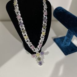 18k White Gold Plated Silver Multi Color Flower Cross Chain Necklace 