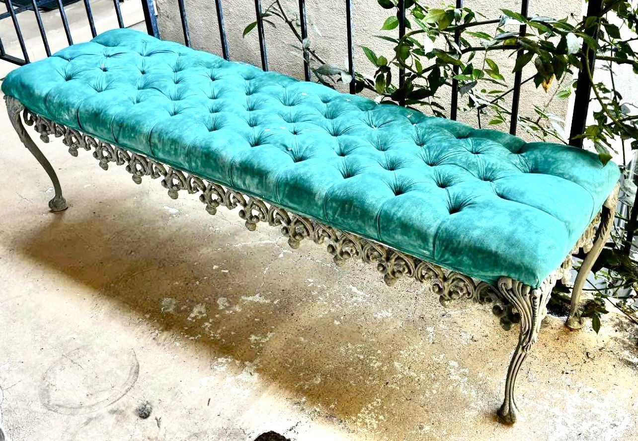 60” Long Blue Bench Hollywood Regency French Fleur de Lis Metal design cabriole legs  Dorothy Draper Archlace 