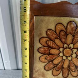 VTG 1970 Wooden Floral Tile Trivet Home Decor Wall Hanging 11” x 11” Mid Century