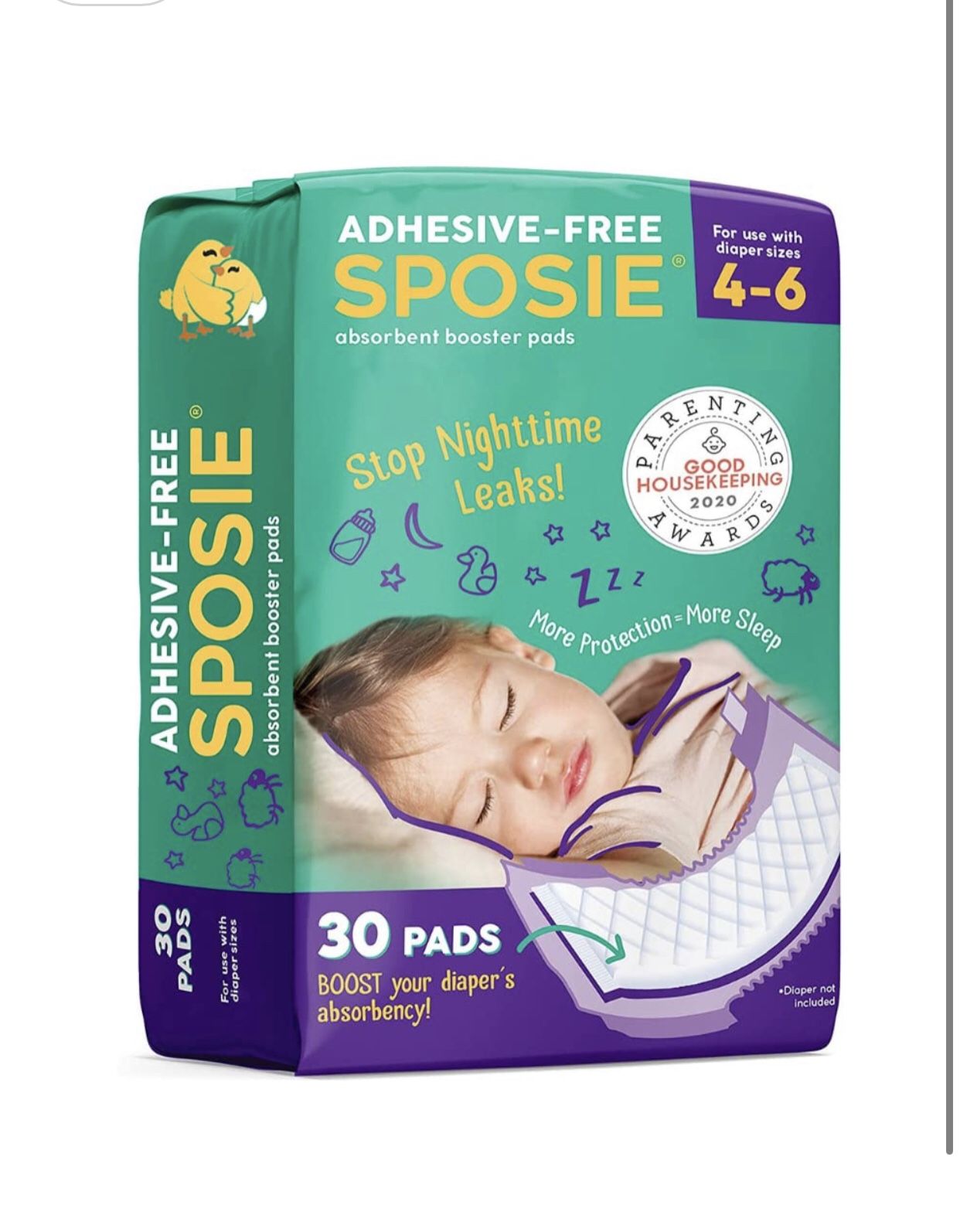 Sposie Diaper Booster Pads, Size 4-6, 30 Count - Hypoallergenic, Dermatologist and Pediatrician Tested, Fragrance, Latex, Chemical and Cruelty-Free, M