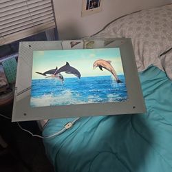 Vintage Light Up Dolphin Picture W Mirrored Edge And Adjustable Water Sounds 
