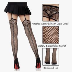 Leg Avenue Women’s Sinful Cross-Accented Black Fishnet Stockings