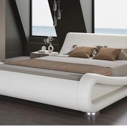 Queen Size Upholstered Bed Frame, Deluxe Low Profile Sleigh Bed with Faux Leather Ergonomics Headboard, No Box Spring Needed & Easy Assembly, White