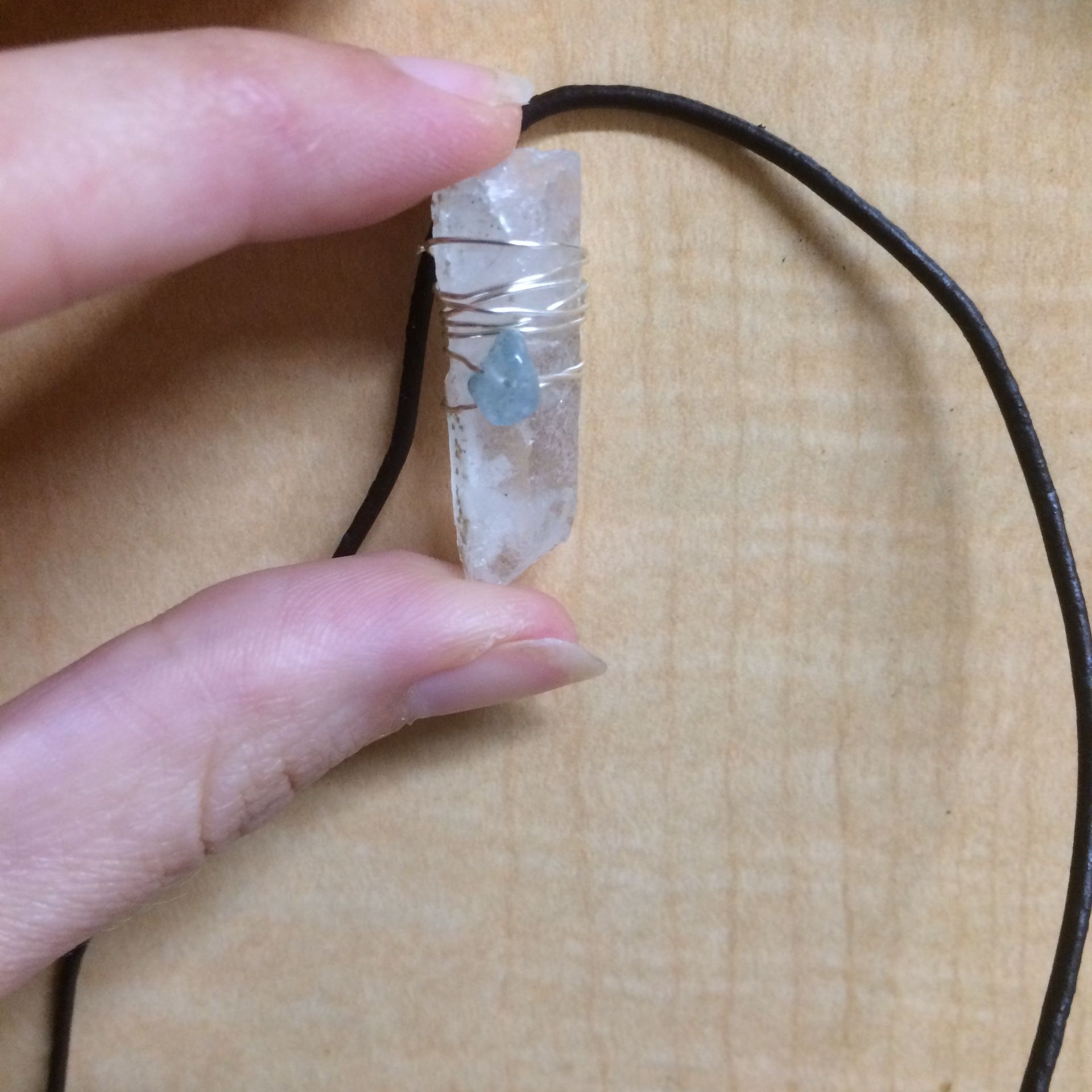 Aquamarine crystal quartz .925 sterling silver wire wrap pendant charm on black cord