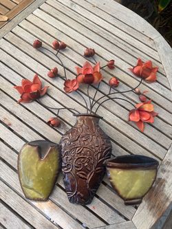 Metal Floral Wall Art with Vase and Bowls