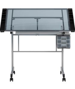 Yaheetech Drawing Desk Adjustable Glass Drafting Study Table for Diamond/Versatile Art Craft Station w/ 2 Slide Rolling Wheels and Drawers for Artist